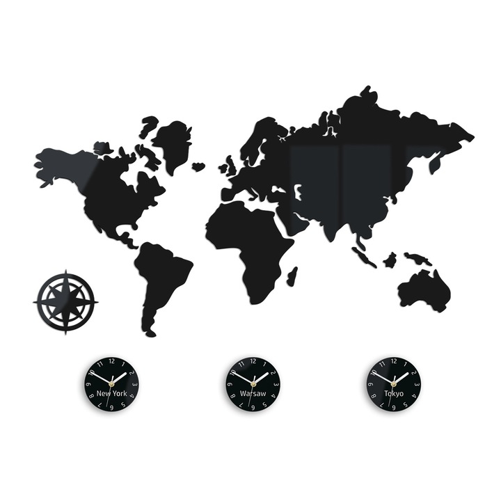 Set 3 ceasuri de perete decorative ModernClock, Harta mondiala, 100x56 cm