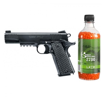 Set pistol airsoft arc si flacon 2700 buc bile 0.12 g, 0.5 jouli, Umarex Browning 1911 Set pistol airsoft arc si flacon 2700 buc bile 0.12 g, 0.5 jouli, Umarex Browning 1911