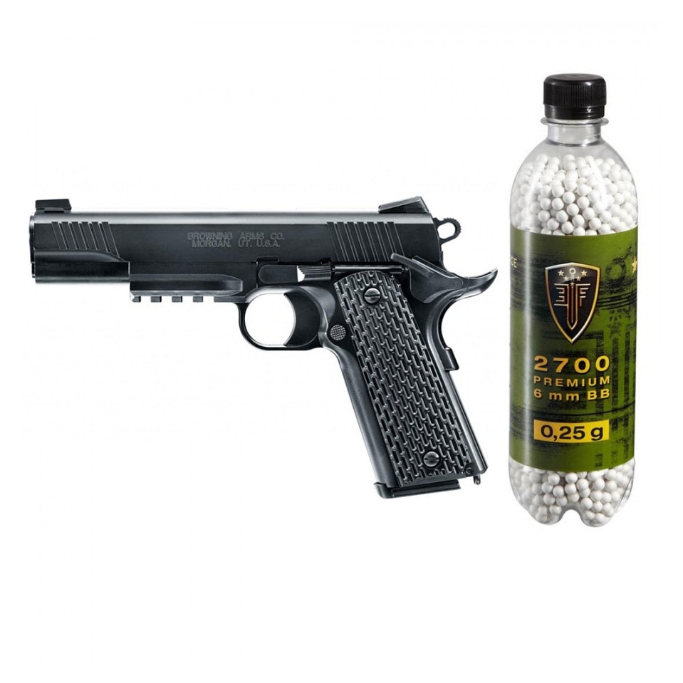 Set pistol airsoft arc si flacon 2700 buc bile 0.25 g, 0.5 jouli, Umarex Browning 1911