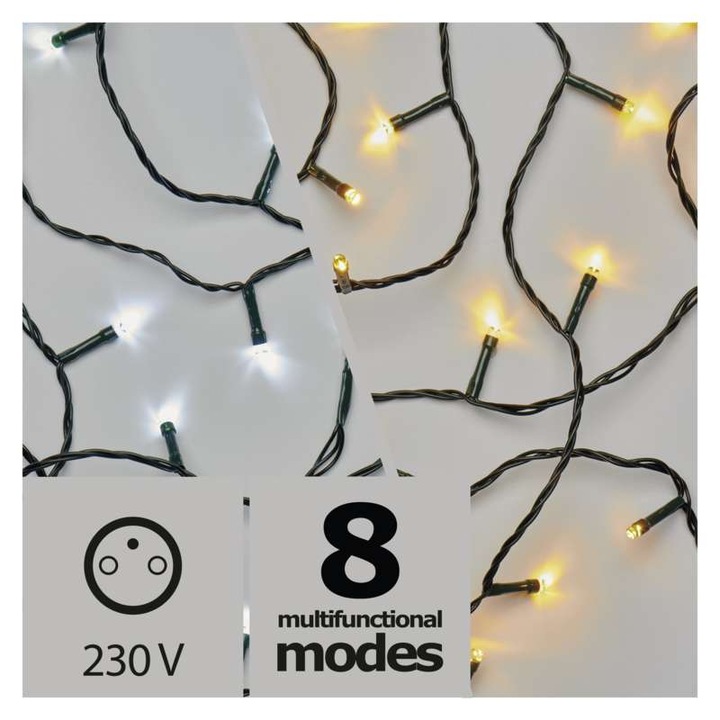 EMOS Karácsonyi Fényfüzér, Multifunkciós, 10M, 100Led, IP44, Hideg/Meleg Fehér