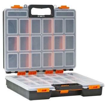 Geanta organizator profesional dubla Handy, 16 compartimente interioare variabile cu despartitoare, blocatoare culisabile, suport pentru 2 lacate 38 x 33 x 12 cm Geanta organizator profesional dubla Handy, 16 compartimente interioare variabile cu despartitoare, blocatoare culisabile, suport pentru 2 lacate 38 x 33 x 12 cm