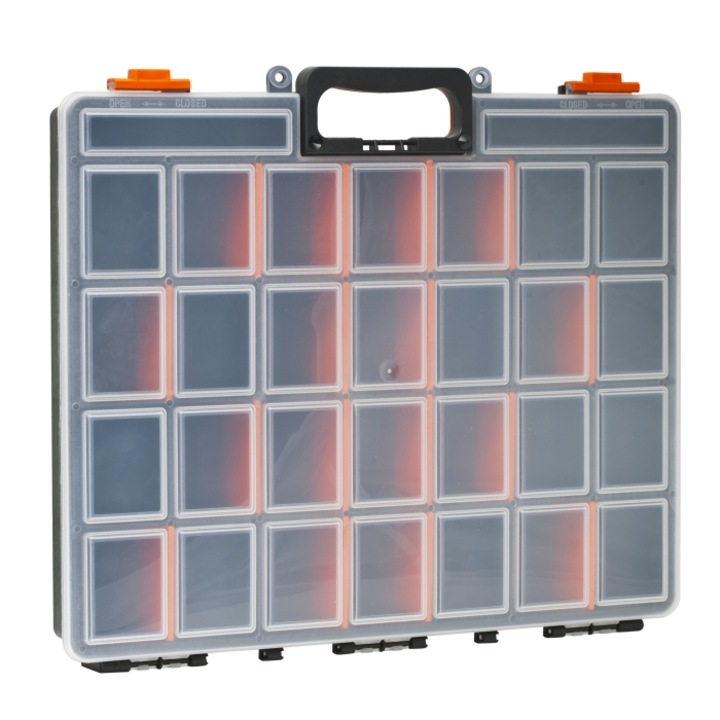 Geanta organizator profesionala Handy, pana la 30 compartimente variabile cu despartitoare, blocatoare culisabile, suport pentru 2 lacate 47 x 40 x 6 cm