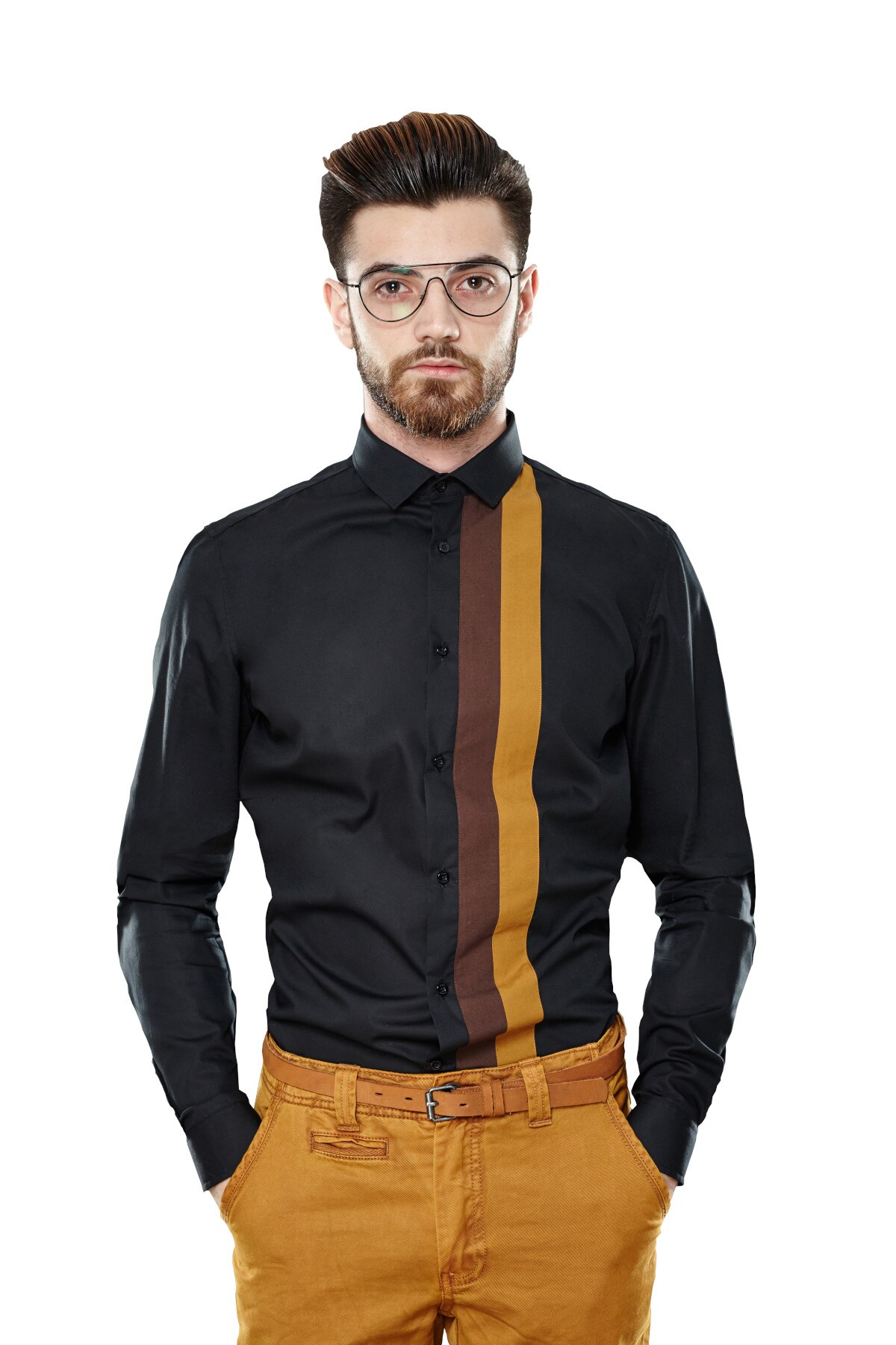 Camasa neagra cu detaliu maron inchis si maron deschis, Dragos Prioteasa, Negru