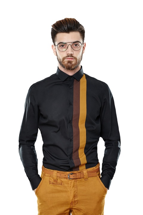 Camasa neagra cu detaliu maron inchis si maron deschis, Dragos Prioteasa, Negru