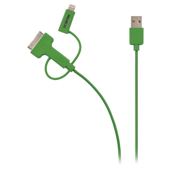 Cablu ValueLine, USB 2.0 A tata - micro B tata cu adaptor lightning si Apple Dock 30 pini, 1.0 m, verde