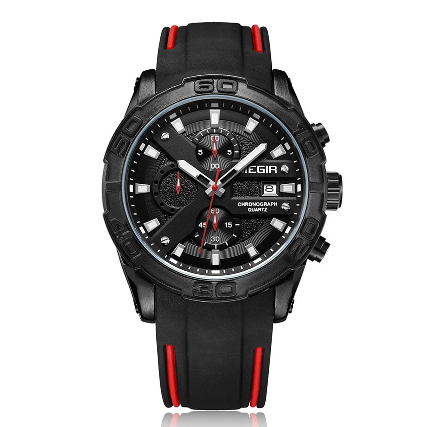 Ceas Megir, rezistent la apa 3Bar, mecanism Quartz, curea din silicon, afisaj analogic, calendar complet, stil Sport + cutie cadou