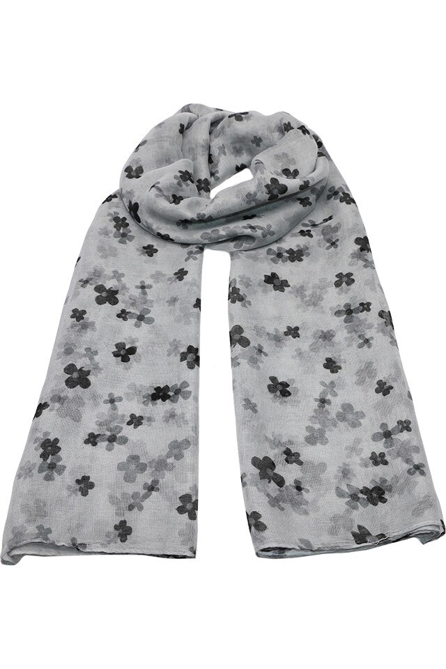 Esarfa pentru femei, din polyester subtire, sezon cald, cu print flori, Alexia Li033-1 Negru Gri