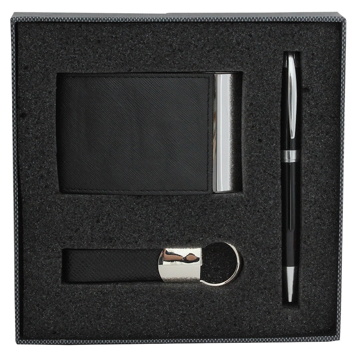 EVOffice Ajándékkészlet: fekete fém toll, kulcstartó és műbőr névjegykártyatartó, kartondobozban
