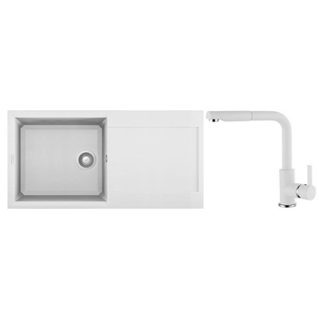 Set chiuveta granit Elleci Easy 480, 1000 x 500 mm, adancime 200 mm, cuva reversibila + Baterie Elleci C02, cartus ceramic, dus extractabil, Bianco Titano Set chiuveta granit Elleci Easy 480, 1000 x 500 mm, adancime 200 mm, cuva reversibila + Baterie Elleci C02, cartus ceramic, dus extractabil, Bianco Titano