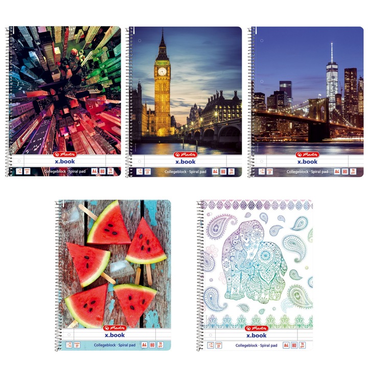 Herlitz Spirálfüzet, A4/80 lapos, lyukasztott és perforált, vonalas, Mixed