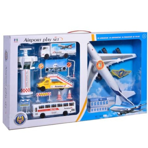 Set de joaca pentru copii iMK, aeroport cu turn de control, avion cu sunete si lumini, autobuz, 2 masini si accesorii, 74x44x12 cm