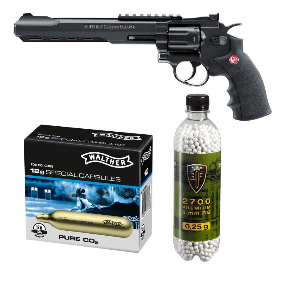 Set revolver airsoft 4 jouli + 10 capsule CO2 + flacon 2700 buc bile 0.