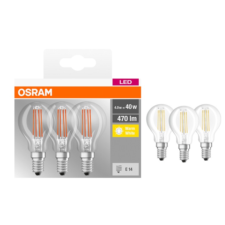 Комплект 3 LED крушки Osram Base filament, P40, E14, 4W (40W), 470 лумена, Топла светлина (2700K), Енергиен клас Е