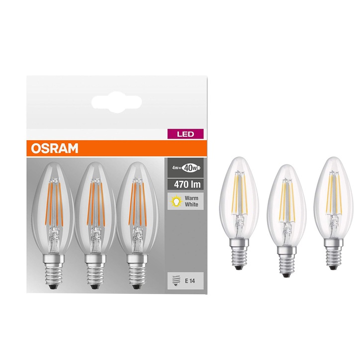Osram Base filament LED izzó, gyertya forma, E14, 4W, meleg fényű 2700K, 3db