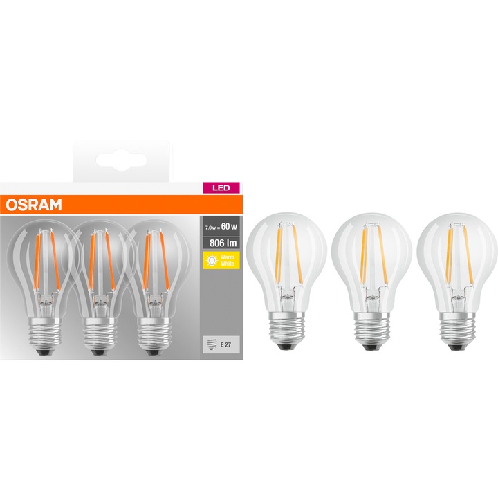 Set 3 becuri LED Osram Base Filament A60, E27, 7W (60W), 806 lm, lumina calda (2700K), clasa energetica E