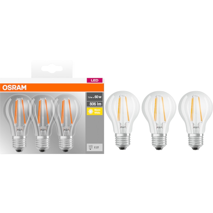Комплект 3 крушки LED Osram Base Filament A60, E27, 7W (60W), 806 лумена, Топла светлина (2700K)