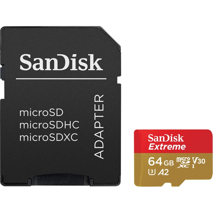 Card de memorie Sandisk microSDXC Extreme, 64 GB, UHS-I, V30, 160 MB/s, A2
