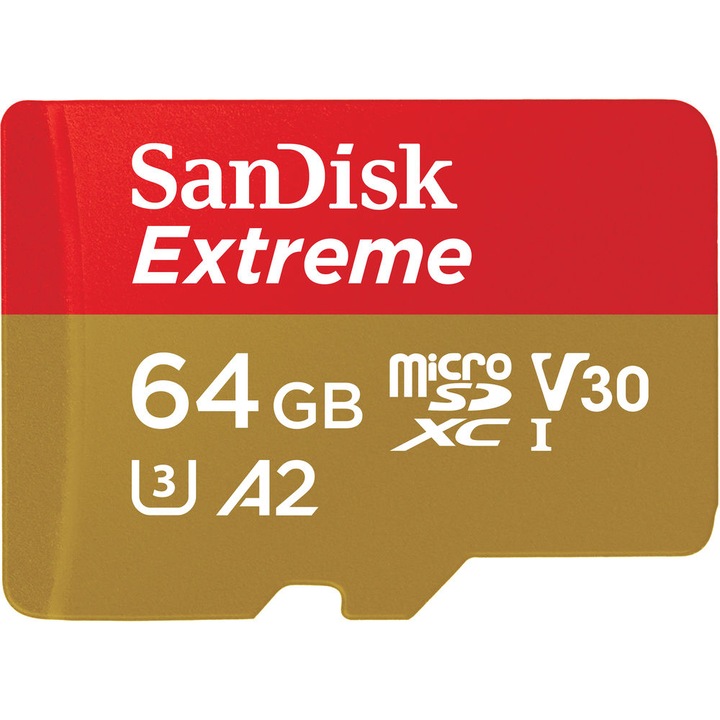Sandisk Extreme microSDXC memóriakártya, 64 GB, UHS-I, V30, 160 MB/s, Class 10, A1, Adapterrel