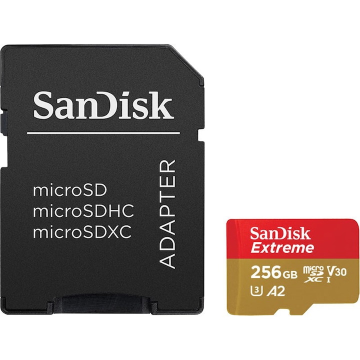 Карта памет microSDXC SanDisk Extreme, 256GB, За спортна видеокамера и дрон, 160MB/s + Адаптер SD