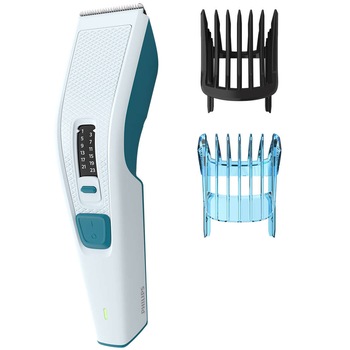 Aparat de tuns Philips HC3588/15, pieptene 0.5-23mm, 13 trepte, Lame lavabile, pieptene pentru copii, Alb/Bleu Aparat de tuns Philips HC3588/15, pieptene 0.5-23mm, 13 trepte, Lame lavabile, pieptene pentru copii, Alb/Bleu