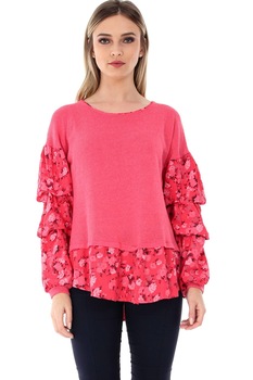 Bluza cerise, ROH, cu maneci florale, M Bluza cerise, ROH, cu maneci florale, M