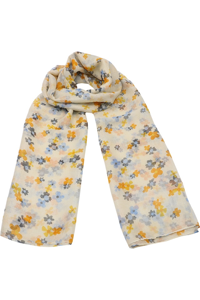 Esarfa pentru femei, din polyester subtire, sezon cald, cu print flori, Alexia Li033-6 Galben Albastru