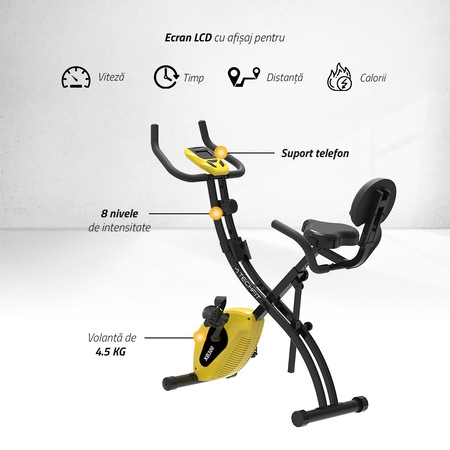 Bicicleta verticala magnetica Techfit XB300, pliabila, Greutate utilizator 120 kg, Computer antrenament, 5 functii afisate, 8 trepte de intensitate