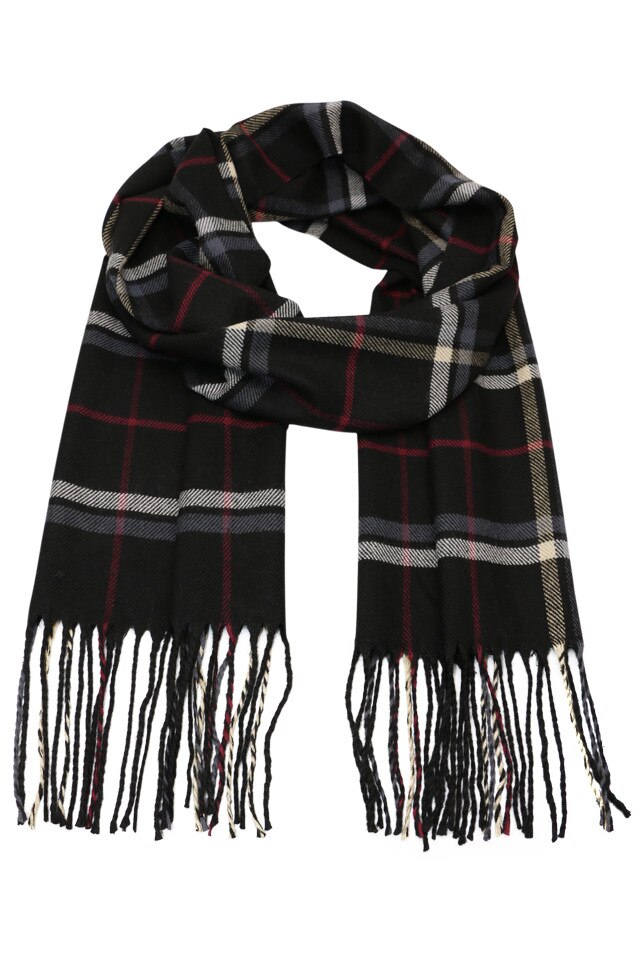 Fular pentru barbati, in carouri tip madras linii mici, pentru perioada rece, cu franjuri, negru, ZS-6-2 Adolf