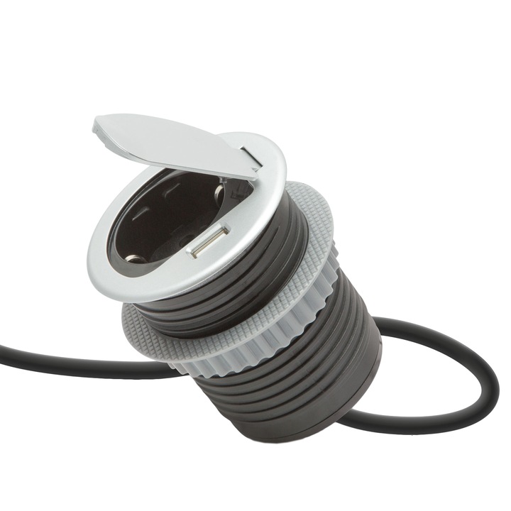 Контакт за вграждане Delight, USB 3A, Кабел 1.8 м, Сребрист