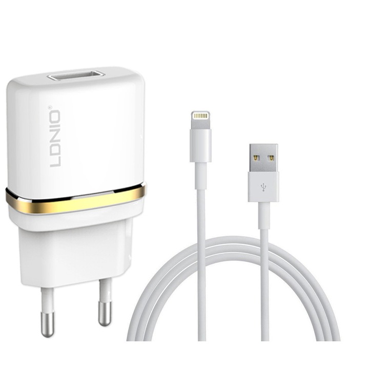Мрежово зарядно устройство, LDNIO DL-AC50, 5V 1A, Универсално, 1 x USB, С кабел за iPhone 5/6/7SE, Бял - 14371