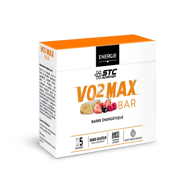 Енергиен бар VO2 Max bar 45 g, вкус на червени плодове, кутия с 5 блока, дълготраен ефект