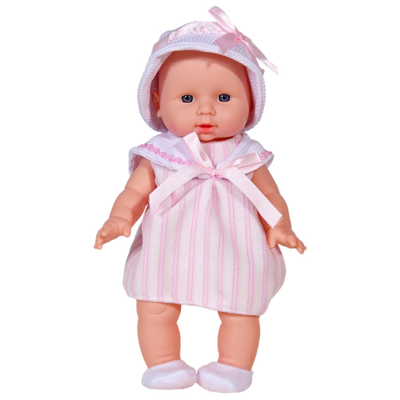 Papusa bebelus iMK roz cu palariuta si rochita roz in dungi, 30 cm