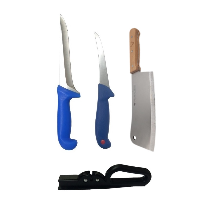 Pachet macelarie 4 piese WLS, 2 cutite macelarie, satar, aparat de ascutit pe baza de discuri