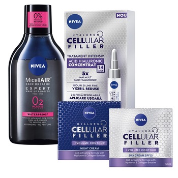 Pachet promo Nivea Cellular: Cellular Tratament Intensiv + Crema de zi Volume Filler + Crema de noapte Volume Filler + Apa micelara pentru ochi Pachet promo Nivea Cellular: Cellular Tratament Intensiv + Crema de zi Volume Filler + Crema de noapte Volume Filler + Apa micelara pentru ochi