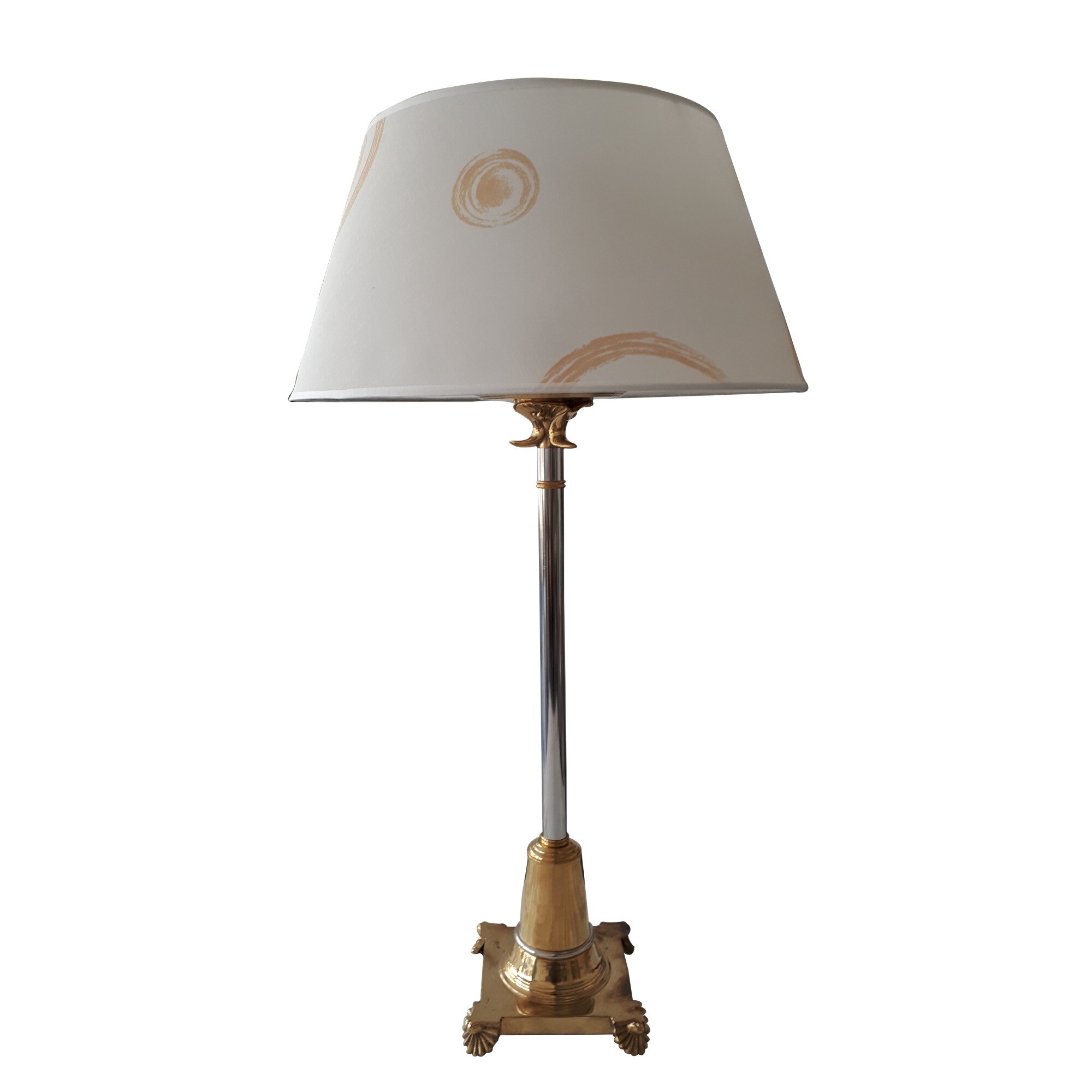 Veioza Quadra picior metal argintiu cu auriu si abajur alb cu bej H: 74 cm