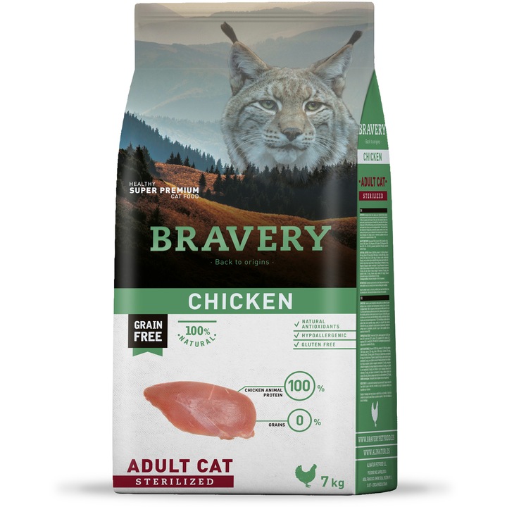 Hrana uscata pentru pisici Bravery Sterilized, Pui, 7kg
