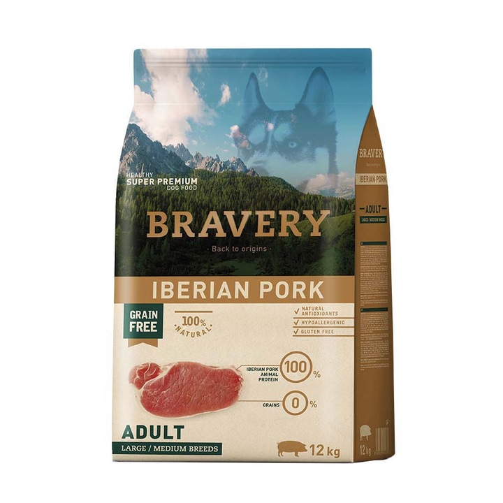 Суха храна за кучета Bravery Medium/Large, Iberian Pork, 12 кг