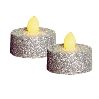 Set 2 candele iluminate LED intermitent, tip pastila, glitter argintiu Set 2 candele iluminate LED intermitent, tip pastila, glitter argintiu