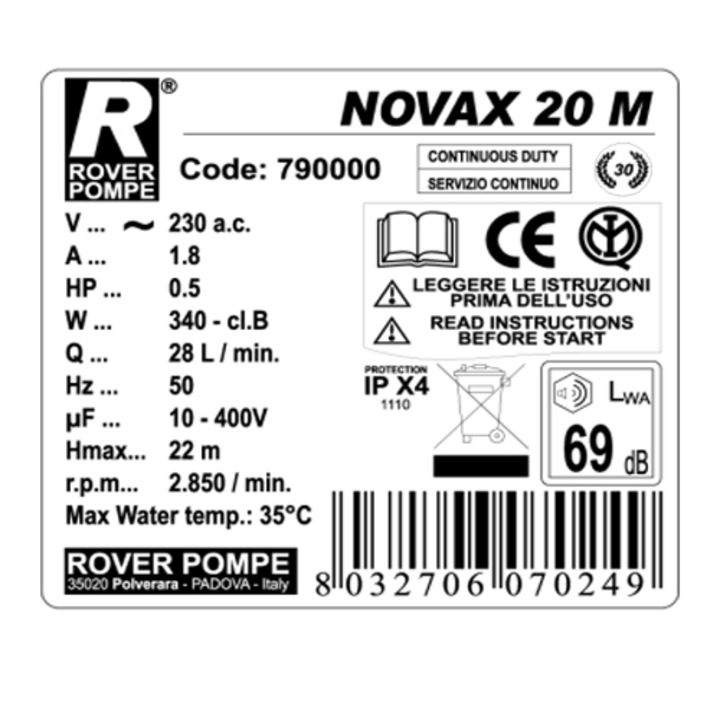 Pompa de transvazare Rover Novax 20 M, 340 W, 1700 l/h, Hmax. 25 m