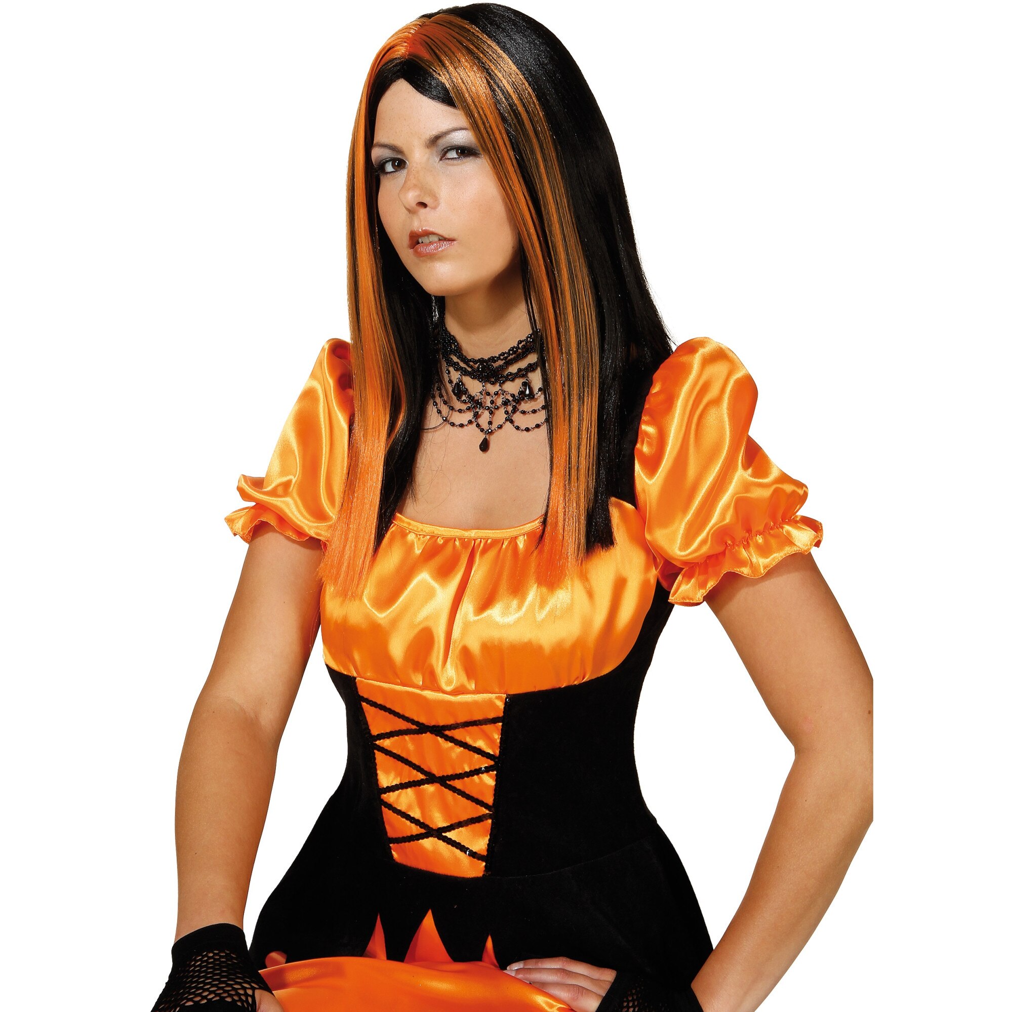 Peruca vrajitoare adulti Halloween portocaliu/negru Clubman