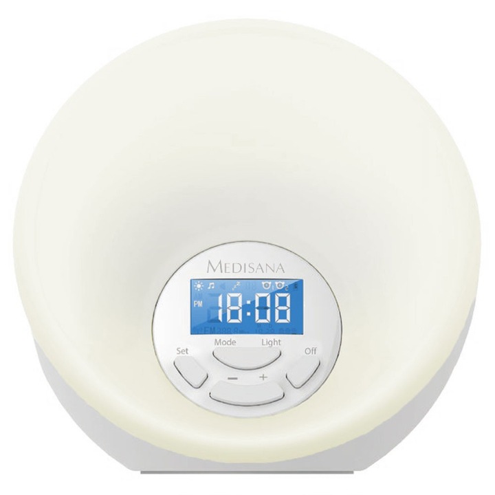 Ceas desteptaror cu radio tip lampa Medisana WL444 45110, 8 Memorii radio, lumina pentru trezire, 7 culori , Alb