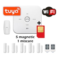 Sistem de alarma wireless GSM Wale® JT10GDT, 6 senzori control aplicatie TUYA si SMS, baterie incorporata, alerta telefon si SMS, sim pre-pay cadou