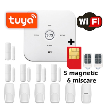 Sistem de alarma wireless GSM Wale® JT-10GDT, 11 senzori control aplicatie TUYA si SMS, baterie incorporata, alerta telefon si SMS, sim pre-pay cadou Sistem de alarma wireless GSM Wale® JT-10GDT, 11 senzori control aplicatie TUYA si SMS, baterie incorporata, alerta telefon si SMS, sim pre-pay cadou