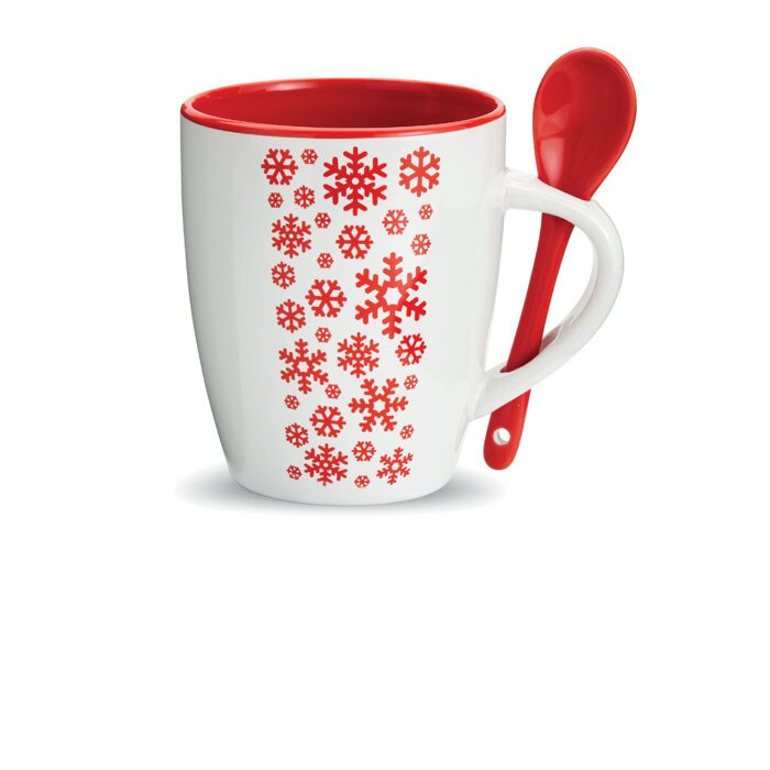 Cana din ceramica cu lingurita inclusa, model cu flugi de zapada