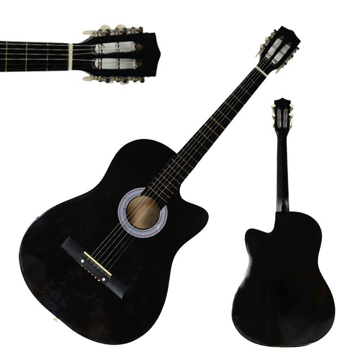 Chitara Acustica 38" 97CM, 4/4, Neagra, Asimetrica, Lemn, 6 Corzi metalice
