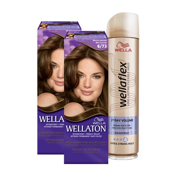 Set cadou Wella: 2 x Vopsea de par permanenta Wellaton 6/73 Milk Chocolate + Fixativ Wellaflex 2Day Volume pentru fixare puternica, 250ml Set cadou Wella: 2 x Vopsea de par permanenta Wellaton 6/73 Milk Chocolate + Fixativ Wellaflex 2Day Volume pentru fixare puternica, 250ml