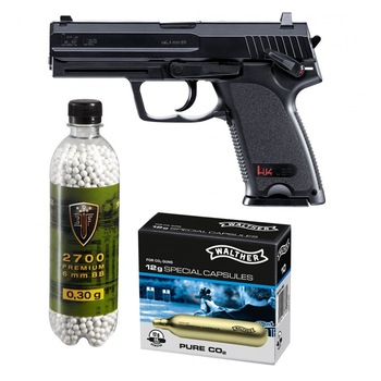 Set pistol airsoft Umarex HK USP 6 mm + 10 capsule CO2 + flacon 2700 buc bile 0.30 g Set pistol airsoft Umarex HK USP 6 mm + 10 capsule CO2 + flacon 2700 buc bile 0.30 g
