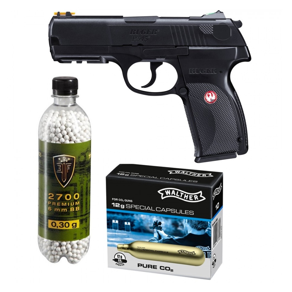 Set pistol airsoft 2 jouli + 10 capsule CO2 + flacon 2700 buc bile 0.30 g, Umarex Ruger P345