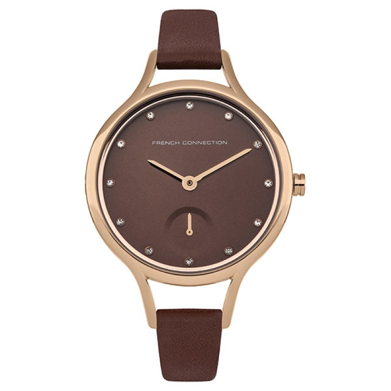 Ceas dama casual, French Connection, curea din piele maro, FC1274TRG