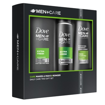Set Dove Men+Care Extra Fresh: Gel de dus, 250 ml + Sampon 2-in-1, 250 ml + Deodorant antiperspirant spray, 150 ml Set Dove Men+Care Extra Fresh: Gel de dus, 250 ml + Sampon 2-in-1, 250 ml + Deodorant antiperspirant spray, 150 ml